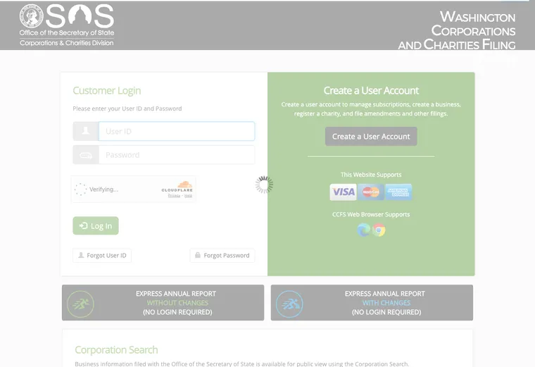Official Washington business entity search interface for looking up an LLC by name or identification number