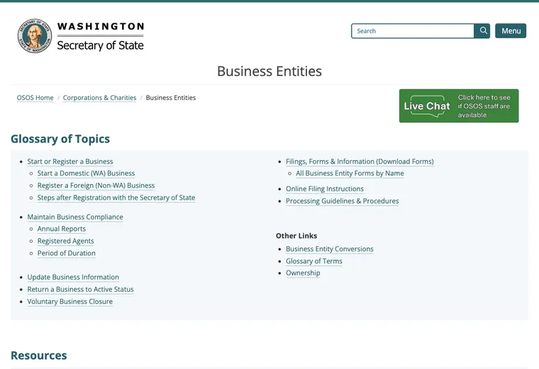 Official Washington business-record guidance showing how to review entity status, filings, or record details