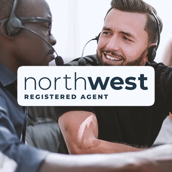 Northwest Registered Agent logo with two office workers talking to each other