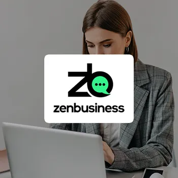 A logo of ZenBusiness with a background of a business woman using a laptop