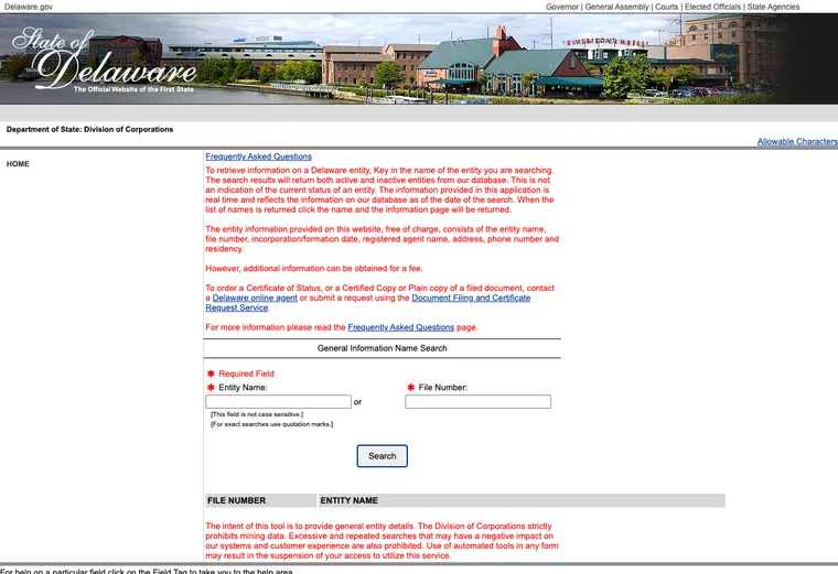 Official Delaware business entity search interface for looking up an LLC by name or identification number