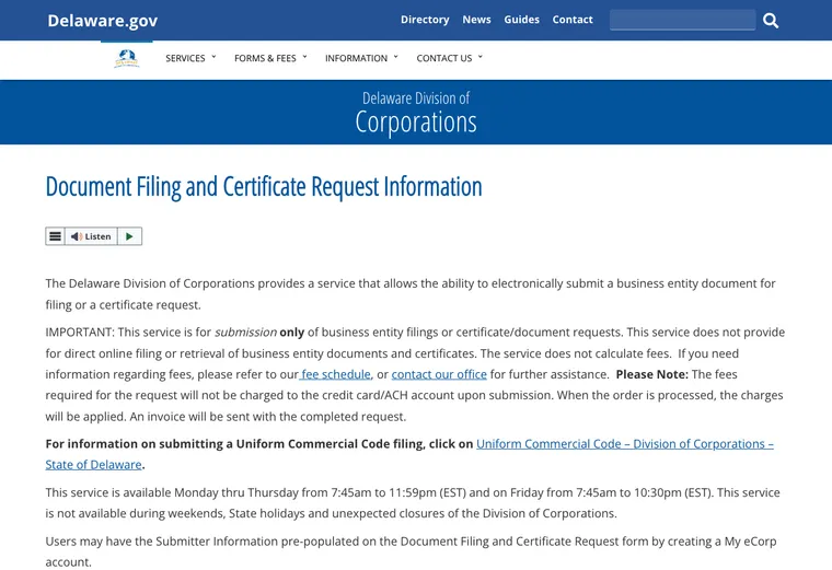 Official Delaware business-record guidance showing how to review entity status, filings, or record details
