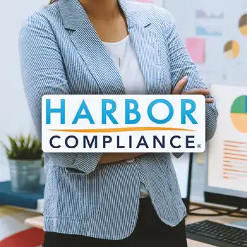Harbor Compliance logo with a business person in the background