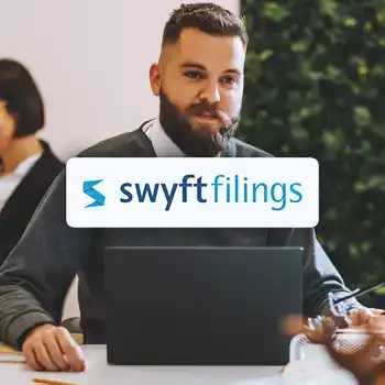 Swyftfilings logo with an office worker in the background