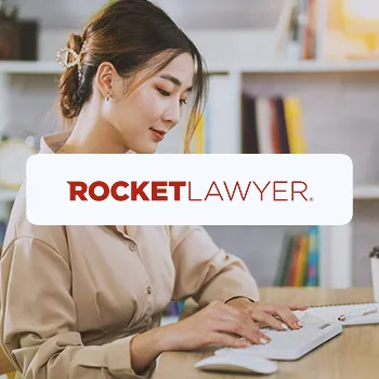 Rocket Lawyer LLC Service logo in front of an office worker working