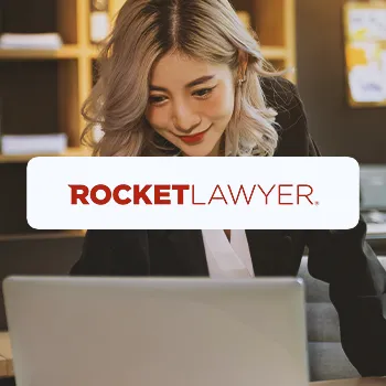 RocketLawyer with an office worker using a laptop in the background