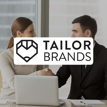 Tailor Brands logo and two people having a deal in an office in the background