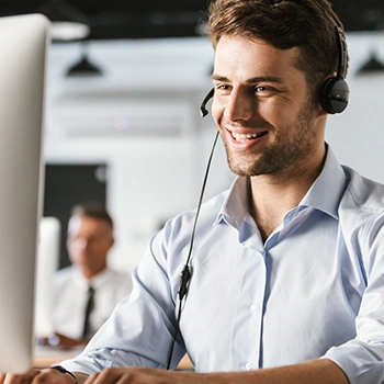 Smiling and talking to customer support