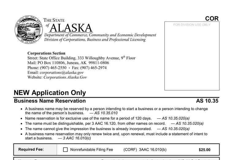 Official Alaska Business Name Reservation form showing name-distinguishability rules, 120-day reservation period, and $25 fee