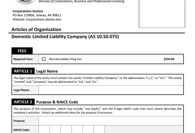 Official Alaska Articles of Organization form showing the $250 nonrefundable LLC filing fee