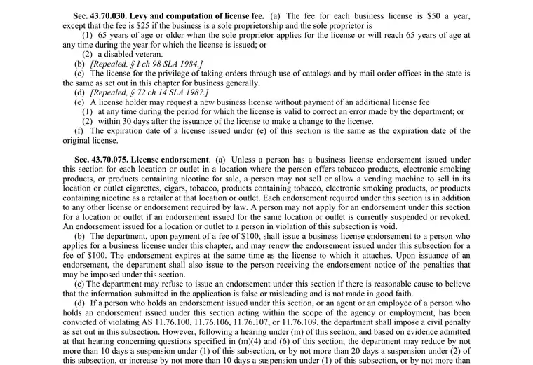 Official Alaska business license statute showing the $50 annual business license fee