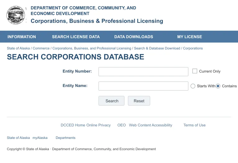 Official Alaska Corporations Database page showing Entity Number and Entity Name search fields