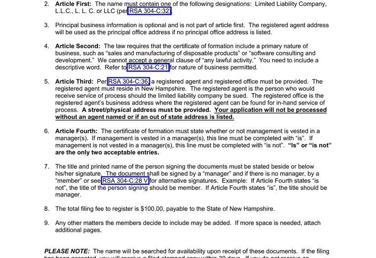 Official New Hampshire LLC source showing formation filing requirements and submission details
