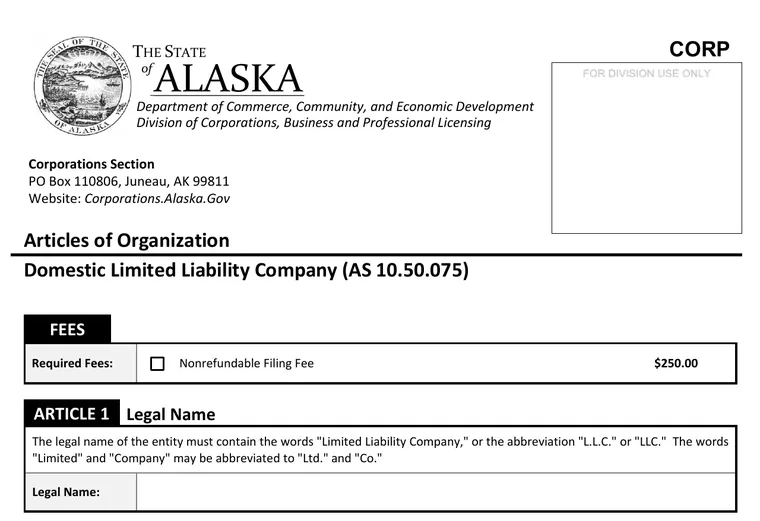 Official Alaska Articles of Organization form showing the $250 filing fee and legal-name section