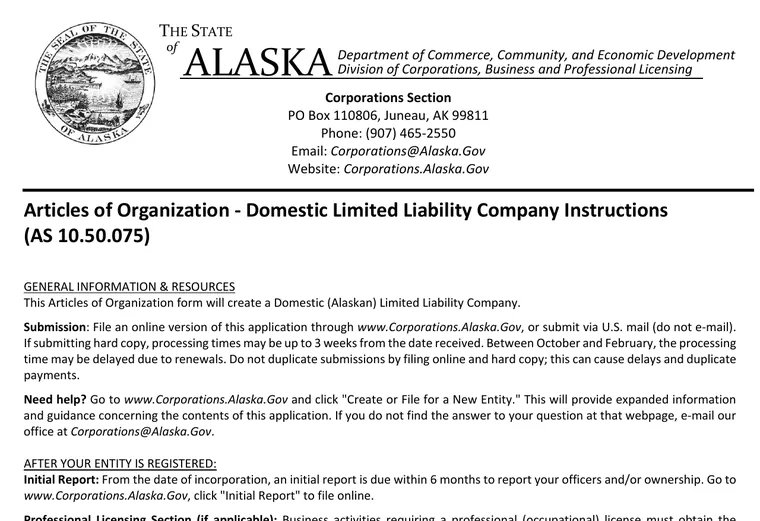 Official Alaska Articles of Organization instructions showing online filing and paper processing timelines