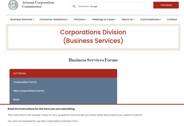 Official Arizona LLC source showing formation filing requirements and submission details