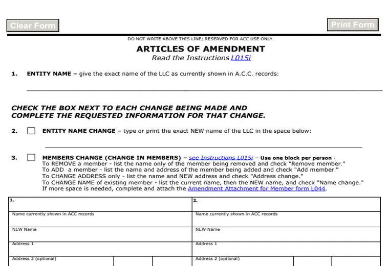 Official Arizona Articles of Amendment showing the entity name and new-name fields