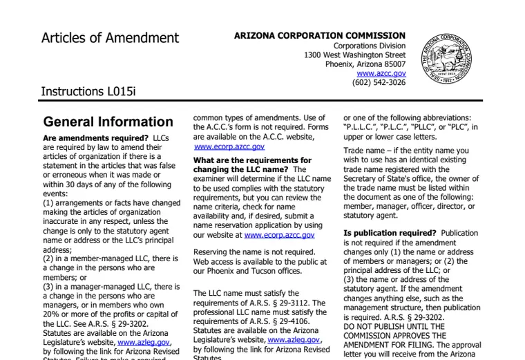 Official Arizona amendment instructions showing name availability requirements and the $25 filing fee