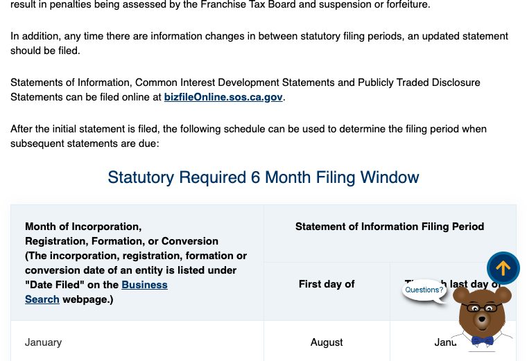 Official California Secretary of State Statement of Information filing window table