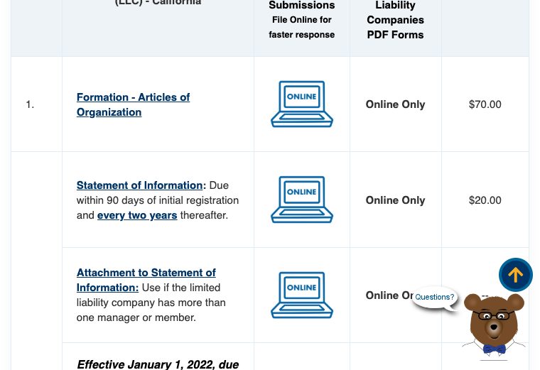Official California Secretary of State LLC Statement of Information filing page