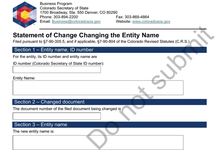 Official Colorado Secretary of State Statement of Change form showing current and new entity name fields