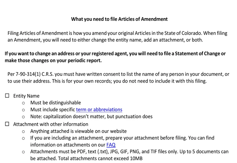 Official Colorado Secretary of State amendment checklist stating that an entity name must be distinguishable