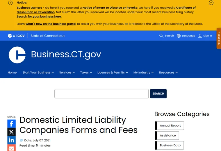 Official Connecticut LLC source showing formation filing requirements and submission details
