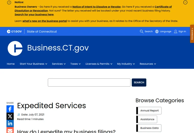 Official Connecticut LLC source showing processing times and expedited filing options