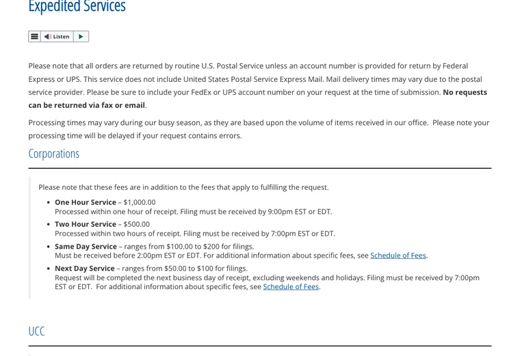 Official Delaware LLC source showing processing times and expedited filing options