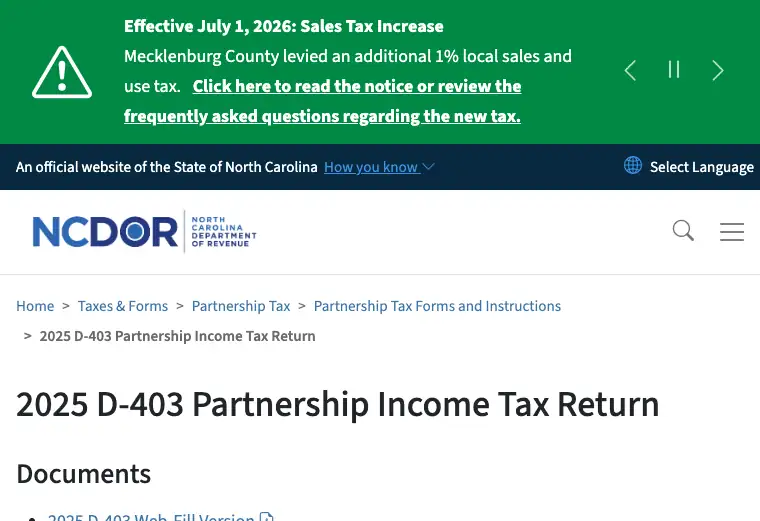 Official North Carolina LLC tax form or instructions showing state filing requirements, tax details, and due-date information