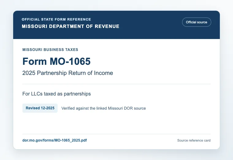 Official Missouri Form MO-1065 2025 Partnership Return of Income reference for LLCs taxed as partnerships
