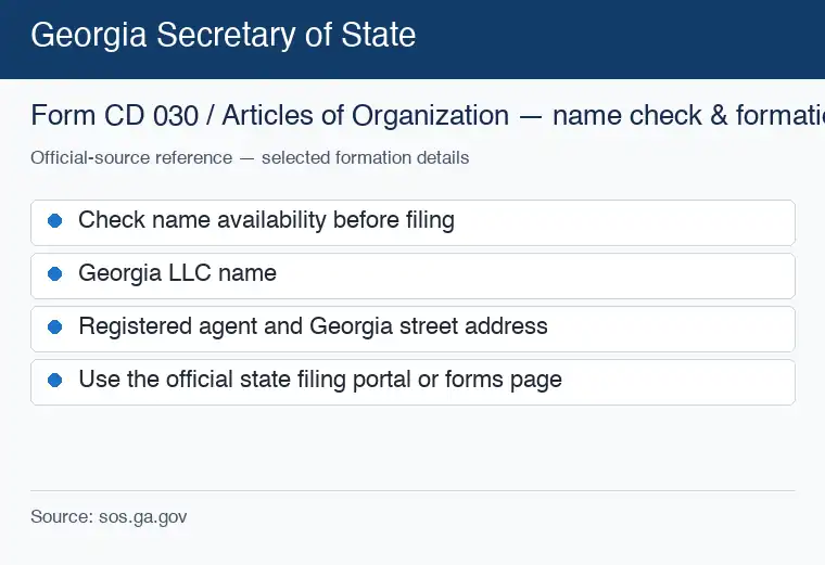 Official Georgia formation source reference for checking an LLC name and starting the filing process