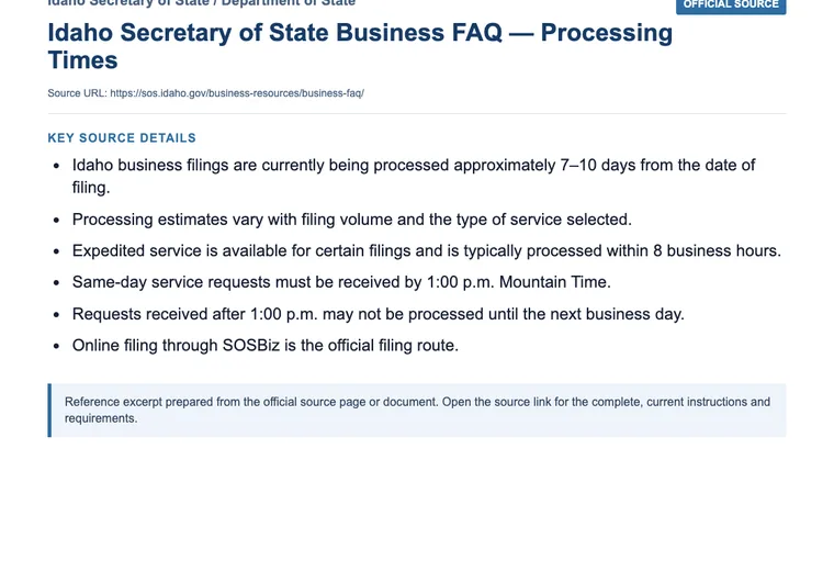 Official Idaho LLC source showing processing times and expedited filing options