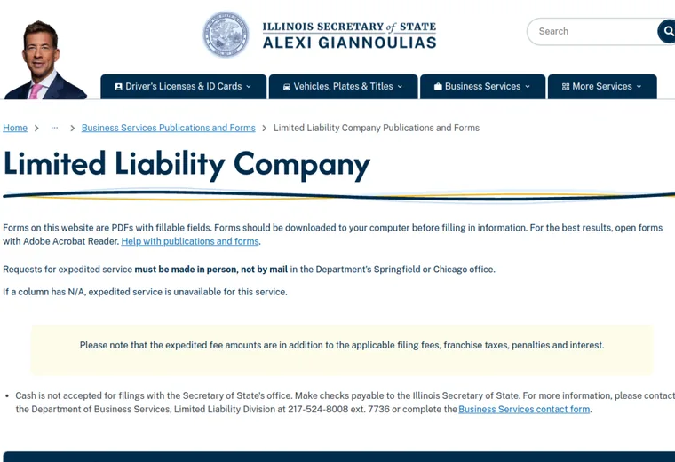 Official Illinois LLC source showing processing times and expedited filing options