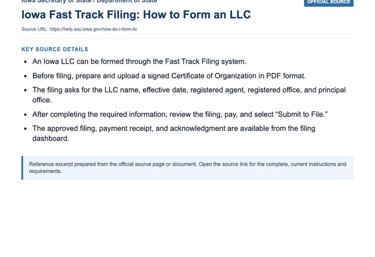 Official Iowa LLC source showing formation filing requirements and submission details