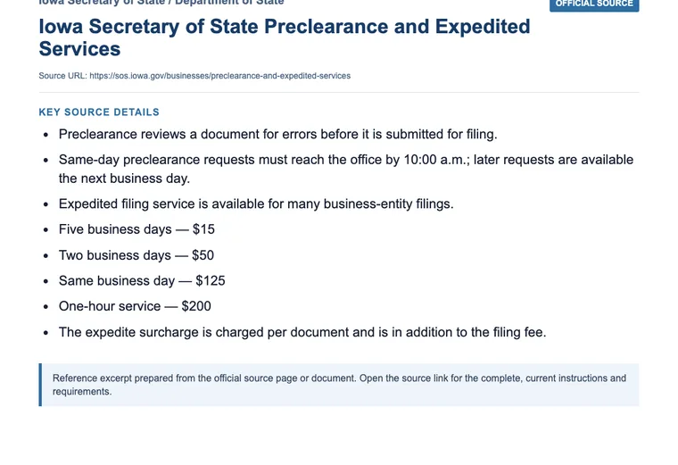 Official Iowa LLC source showing processing times and expedited filing options