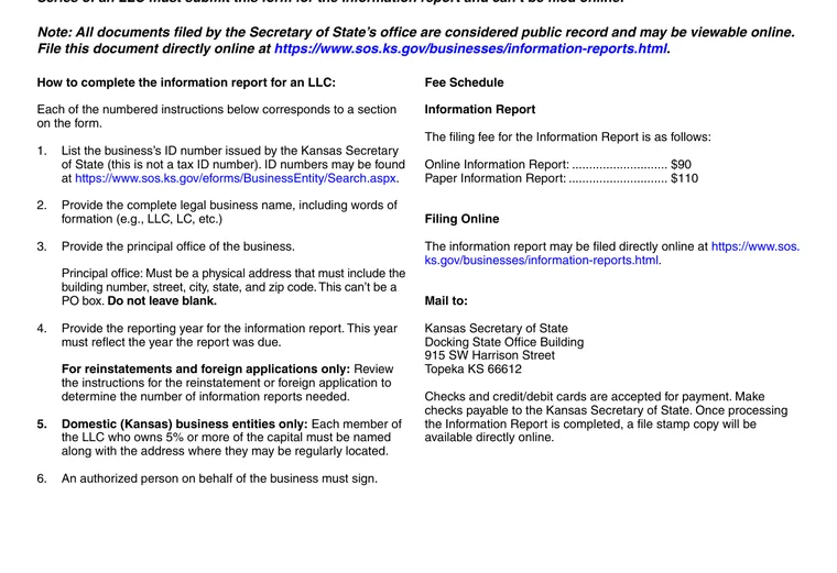 Official Kansas LLC source showing formation filing requirements and submission details