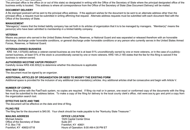 Official Kentucky LLC source showing formation filing requirements and submission details