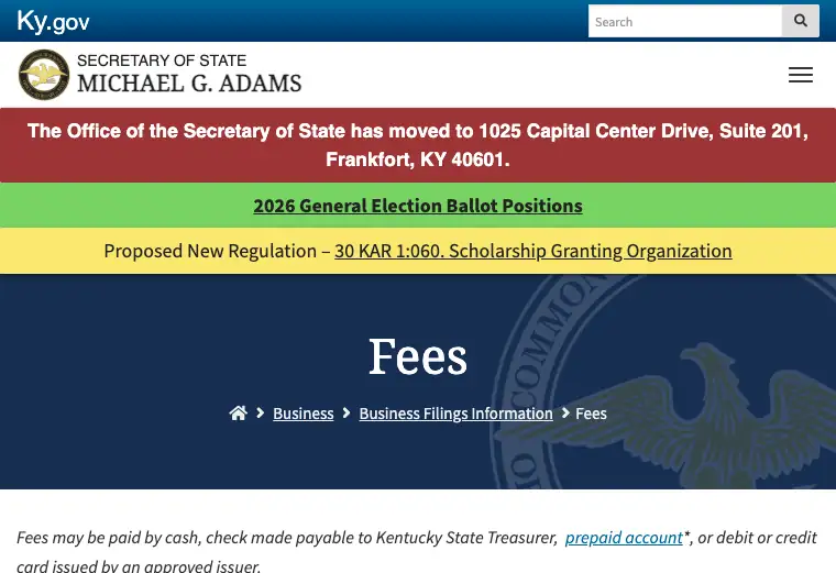 Official Kentucky LLC formation filing source