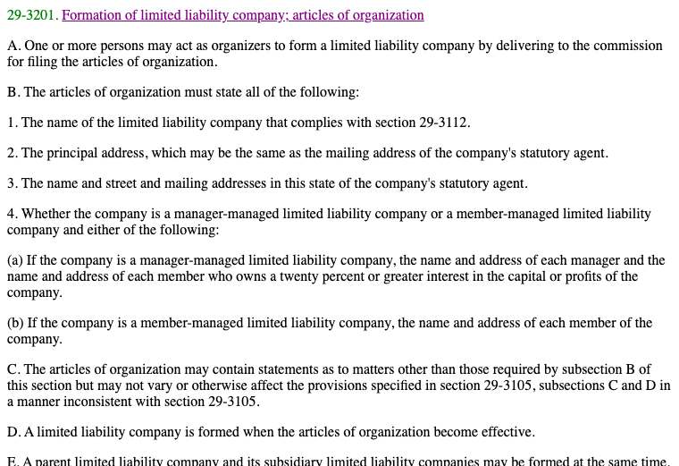 Official Arizona LLC formation filing source