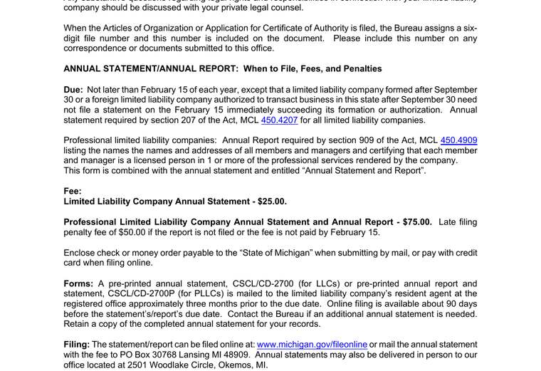 Official Michigan LLC additional LLC cost source