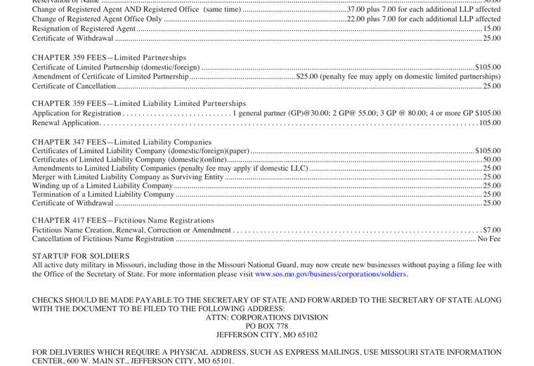 Official Missouri LLC additional LLC cost source