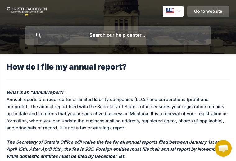 Official Montana LLC additional LLC cost source