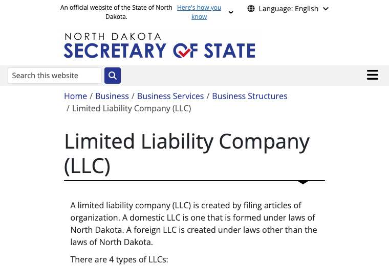 Official North Dakota LLC formation filing source