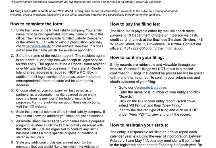 Official Rhode Island LLC formation filing source
