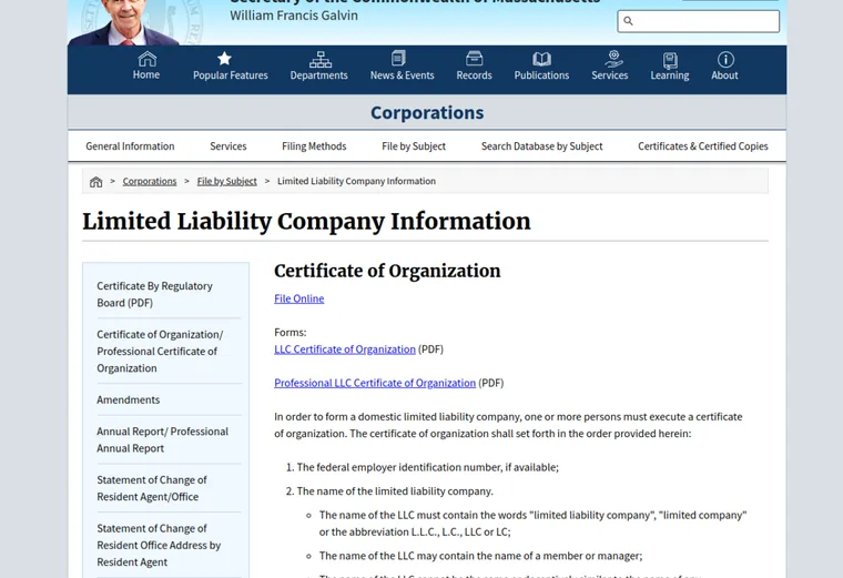 Official Massachusetts LLC source showing formation filing requirements and submission details