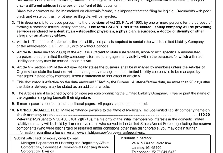 Official Michigan LLC source showing formation filing requirements and submission details