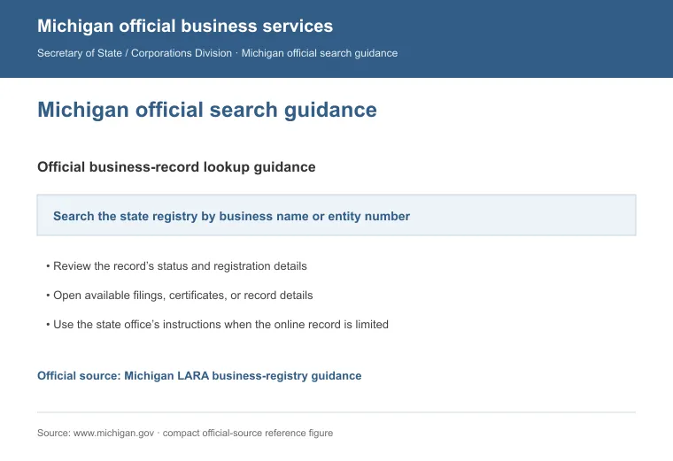 Official Michigan business-record guidance showing how to review entity status, filings, or record details