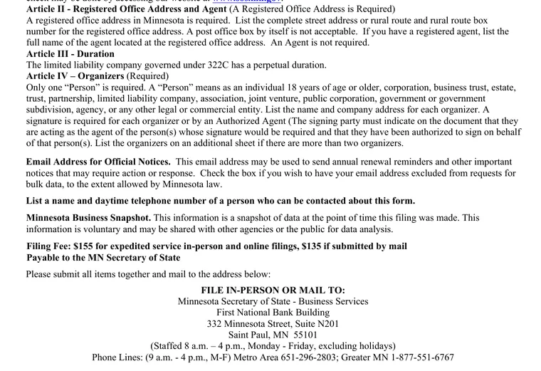 Official Minnesota LLC source showing formation filing requirements and submission details
