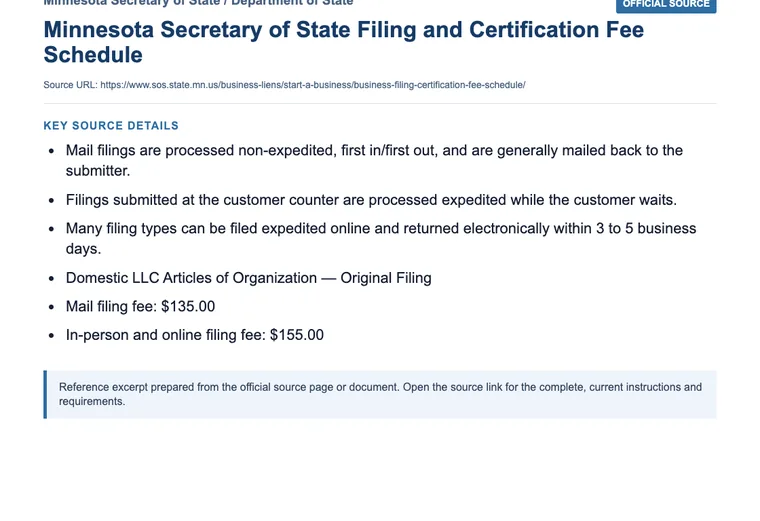 Official Minnesota LLC source showing processing times and expedited filing options